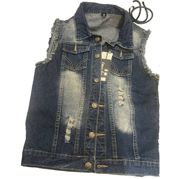 Jackets & Blazers - -JACKET Sleeveless Ripped Blue Denim Jacket size Medium